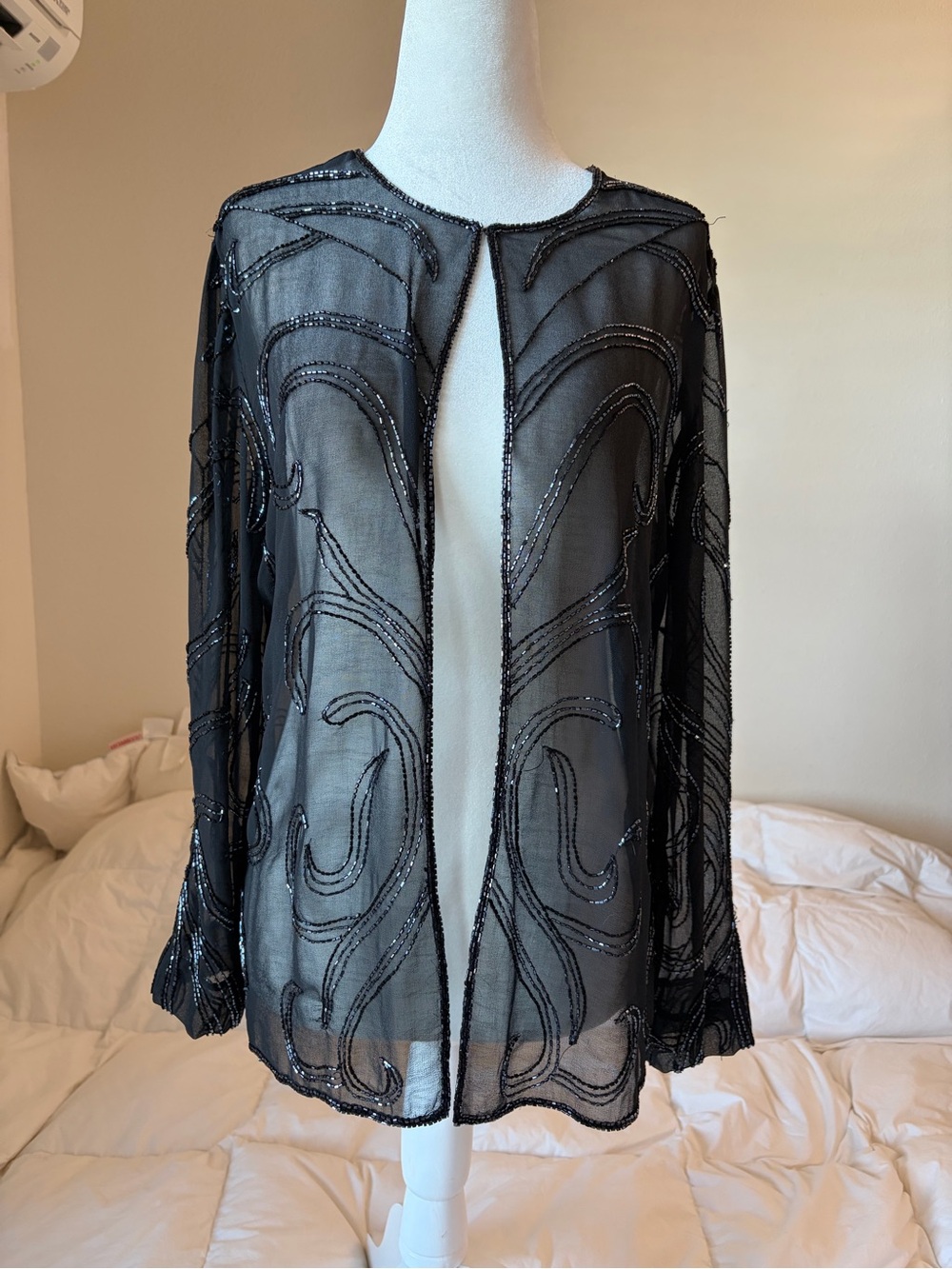 Sheer Beaded Black Open Front Jacket